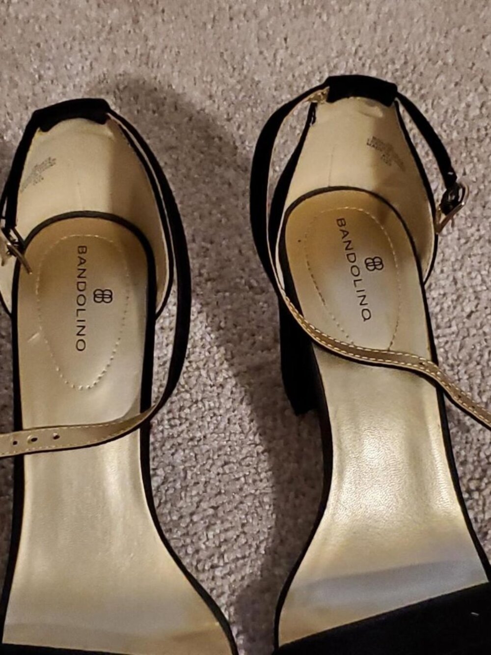 Bandolino Black Faux Suede Gold Insole Ankle Strap Block Heels